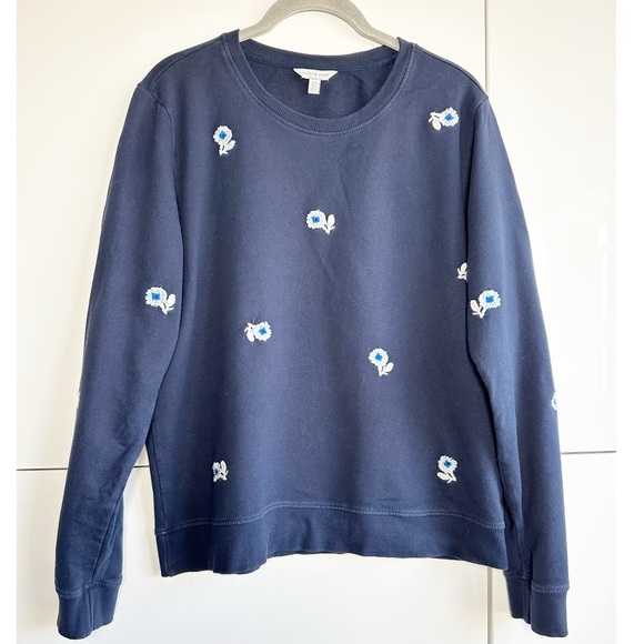 Lucky Brand Embroidered Sweatshirt Navy Blue White Flowers Size Large Crew Neck - Picture 1 of 7